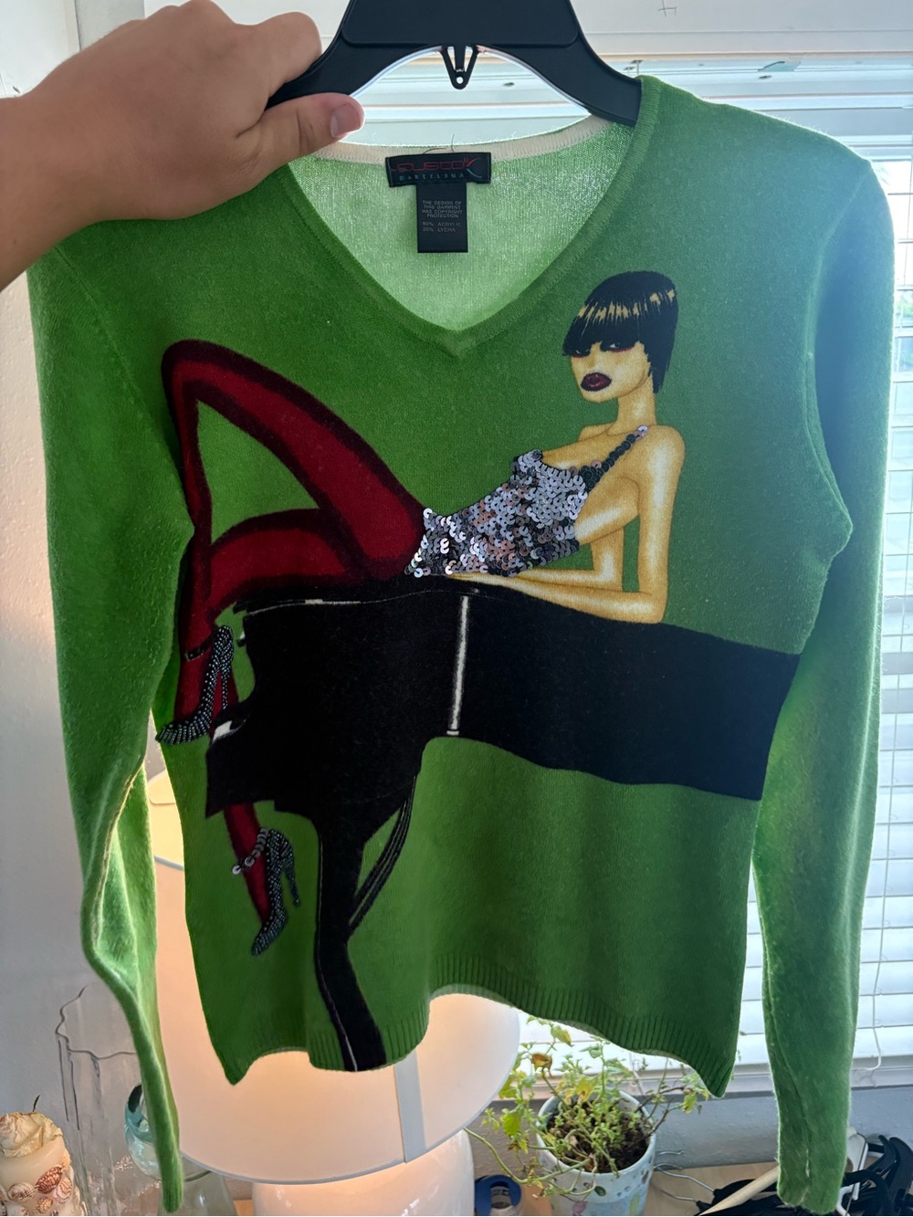 Custo Barcelona Lime Green V-Neck Sweater with Graphic Sequin Woman